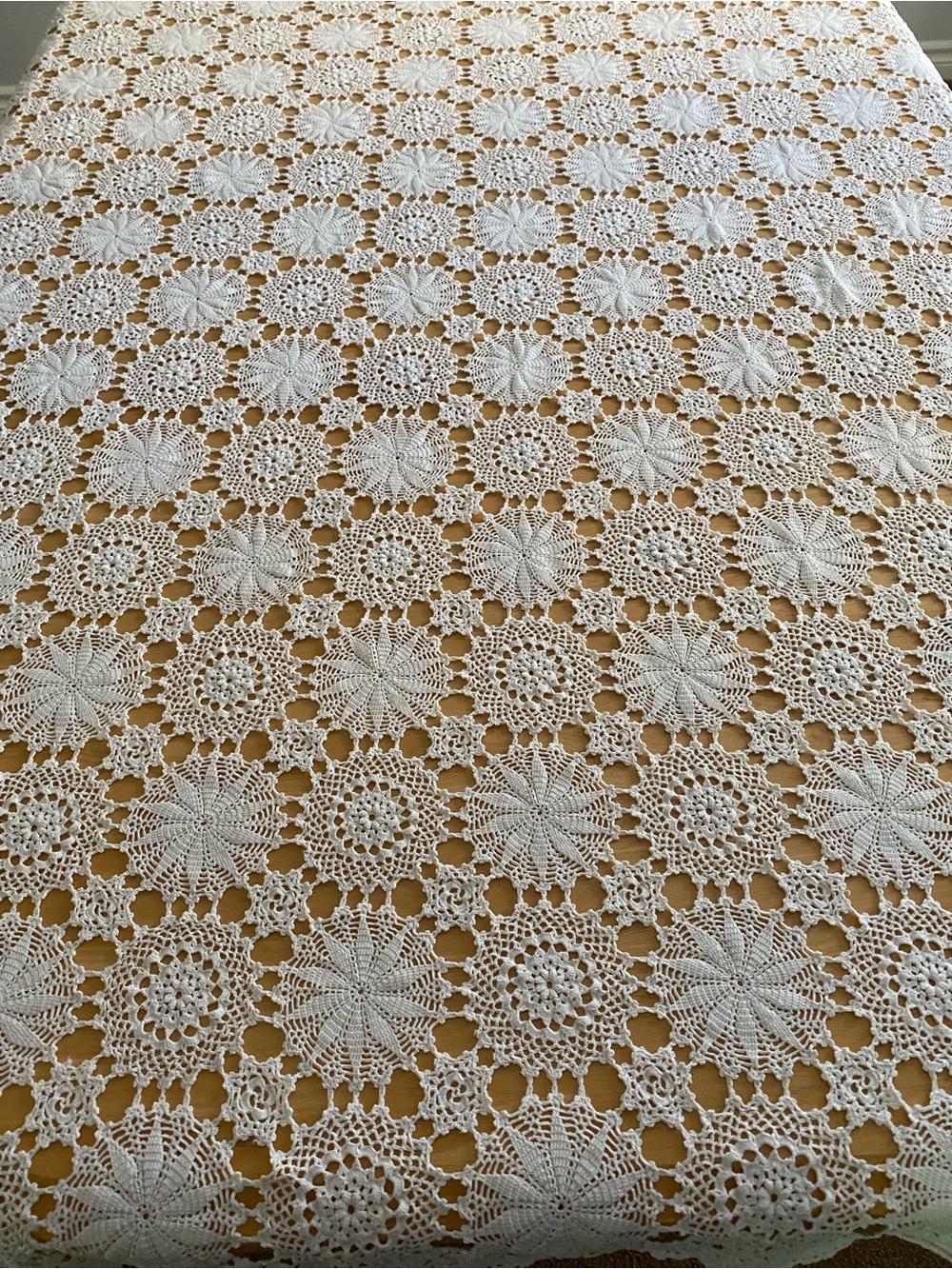 Hand Crafted White Crochet Lace Bedspread with Floral Motifs